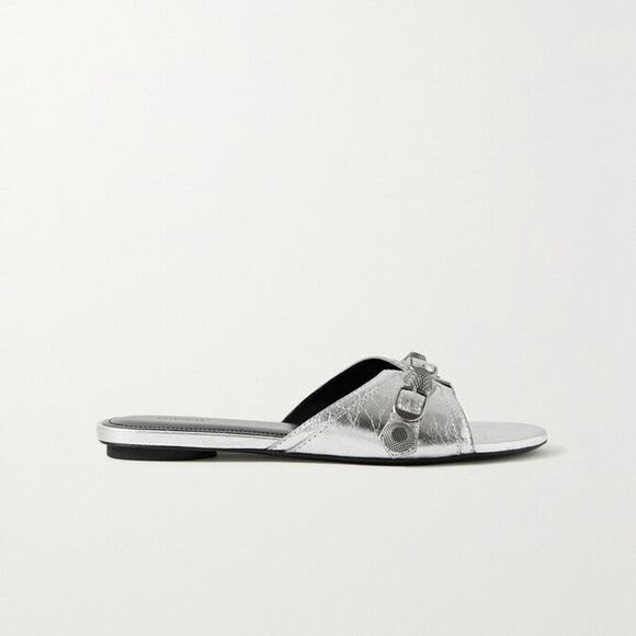 Balenciaga Cagole Embellished Metallic Textured-Leather Flat Sandal Silver EU 38 - Picture 1 of 12